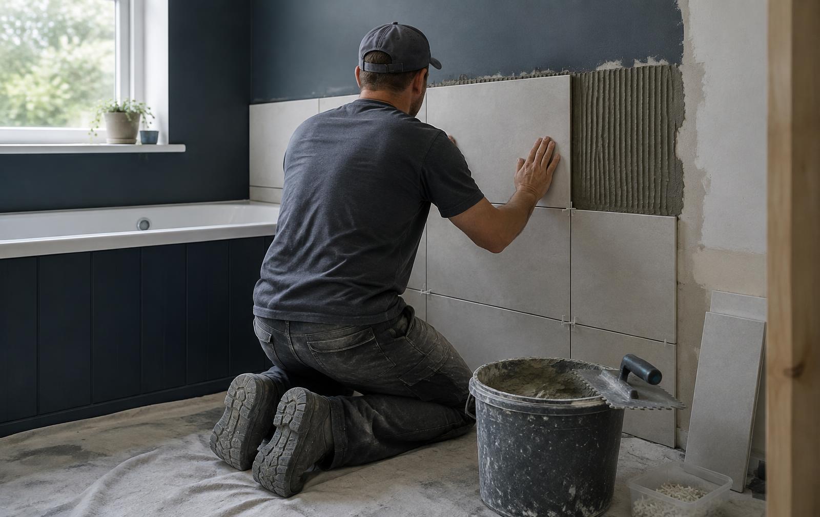 Handwerker in Arbeitskleidung verlegt Fliesen in einem Bad während der Sanierung