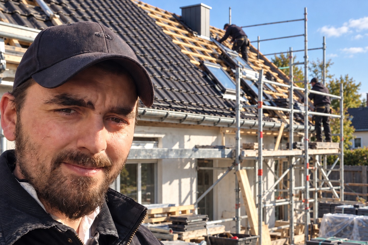 Marcu Rostas von MR Dachbau im Selfie auf einer Baustelle, hinter ihm zwei Dachdecker auf dem Dach