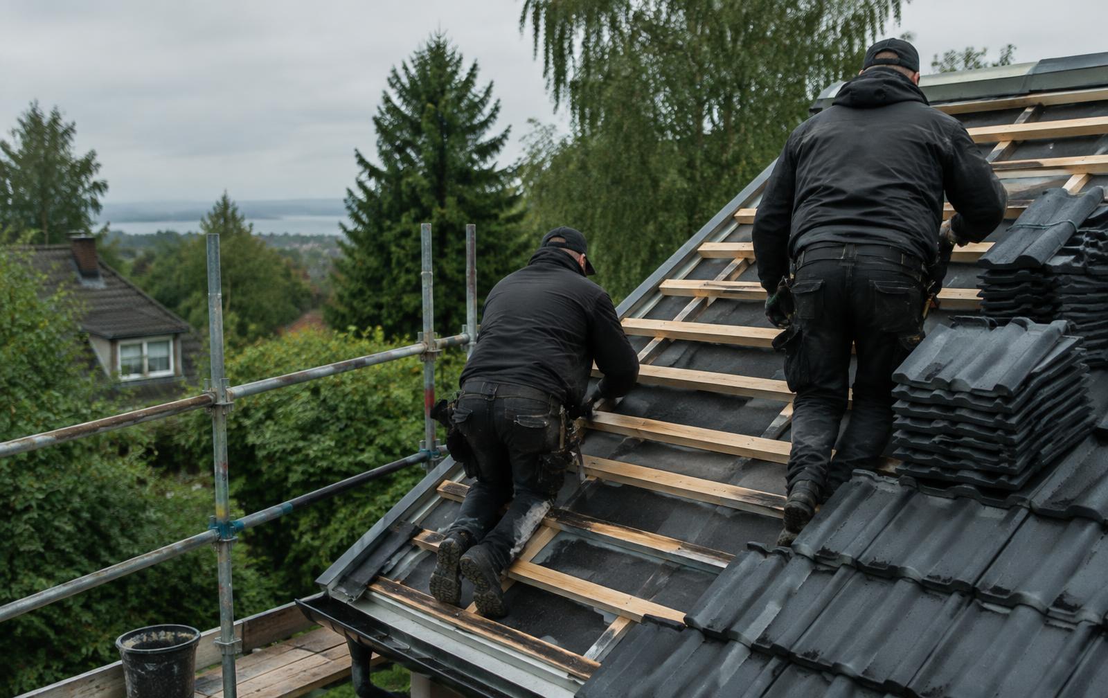 Zwei Dachdecker in Arbeitskleidung verlegen neue Dachziegel auf einem eingerüsteten Haus